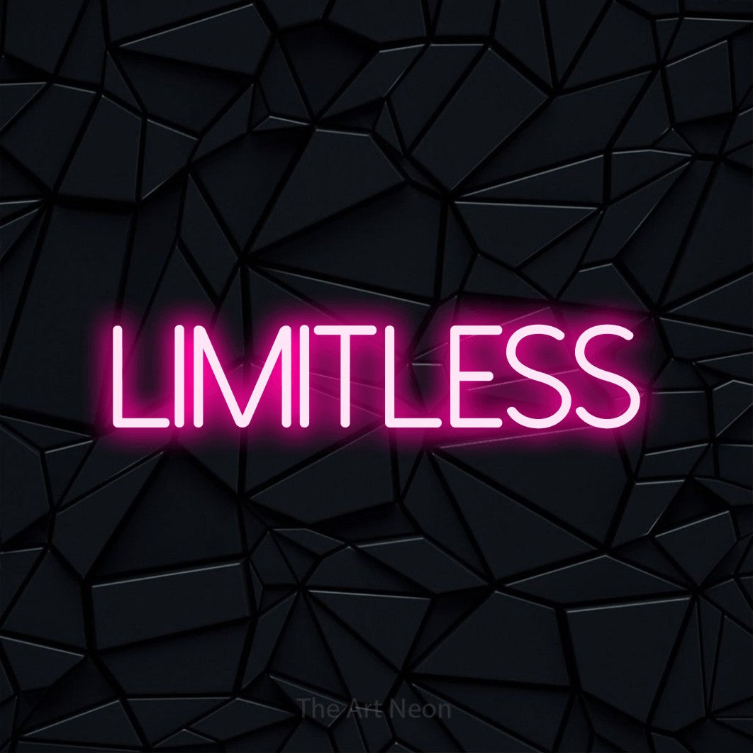 Hot pink LED neon sign reading "Limitless" against a black faceted wall