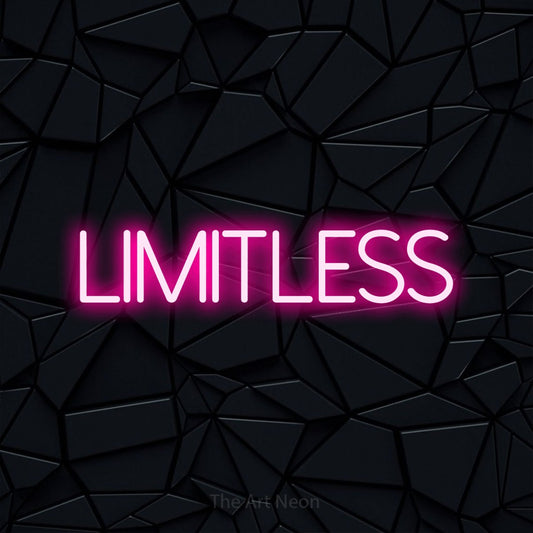 Hot pink LED neon sign reading "Limitless" against a black faceted wall