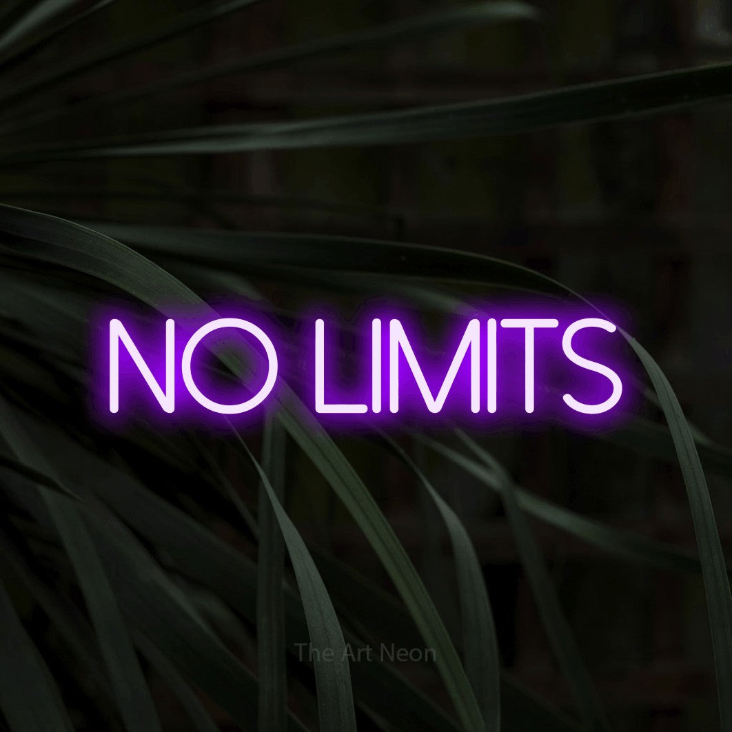 Purple LED neon sign reading "No Limits" against dark tropical leaves