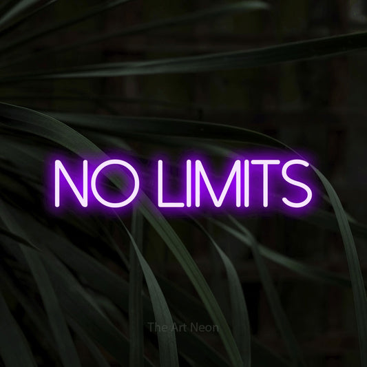 Purple LED neon sign reading "No Limits" against dark tropical leaves