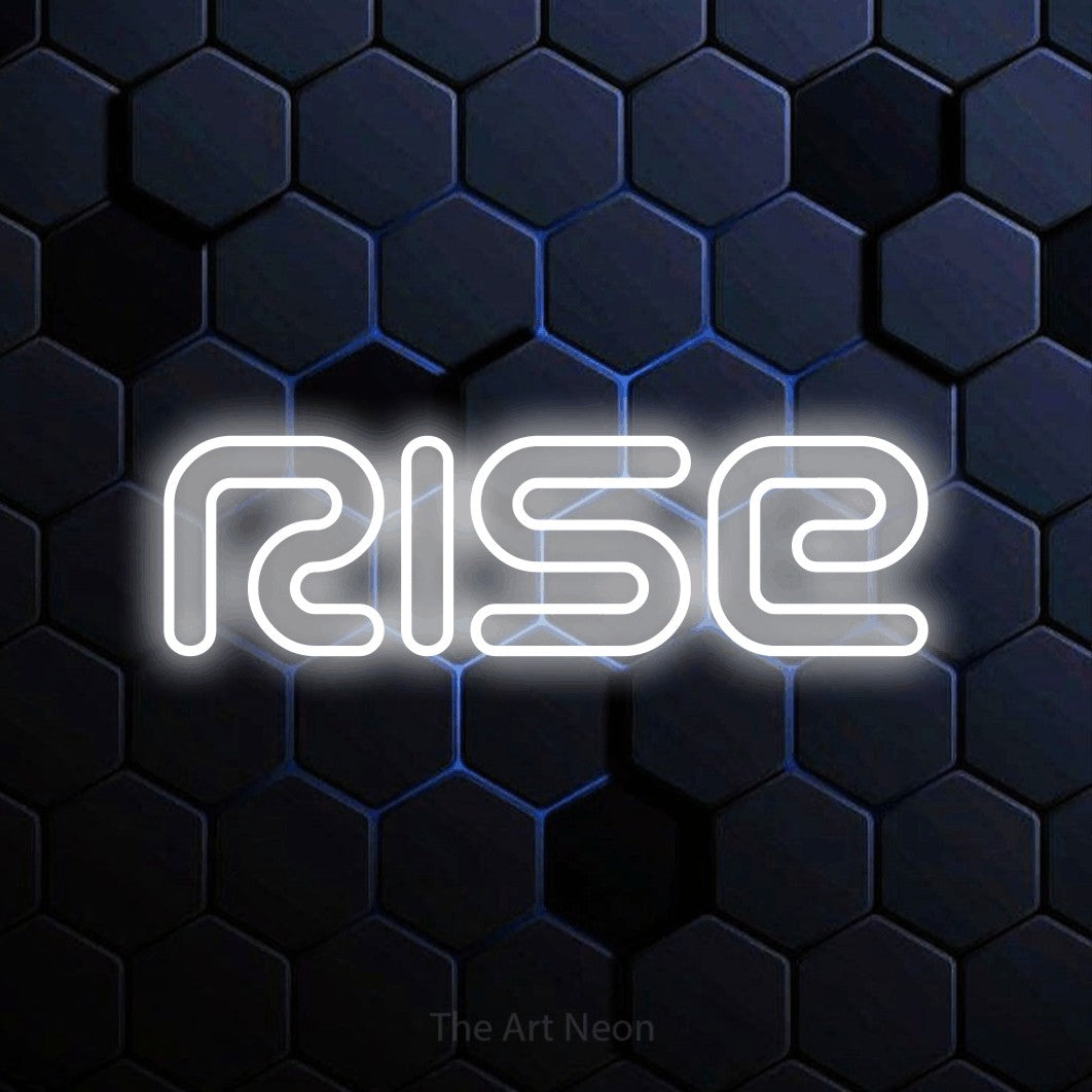 Cool white outline-style LED neon sign reading "Rise" against a blue hexagonal wall