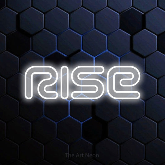 Cool white outline-style LED neon sign reading "Rise" against a blue hexagonal wall