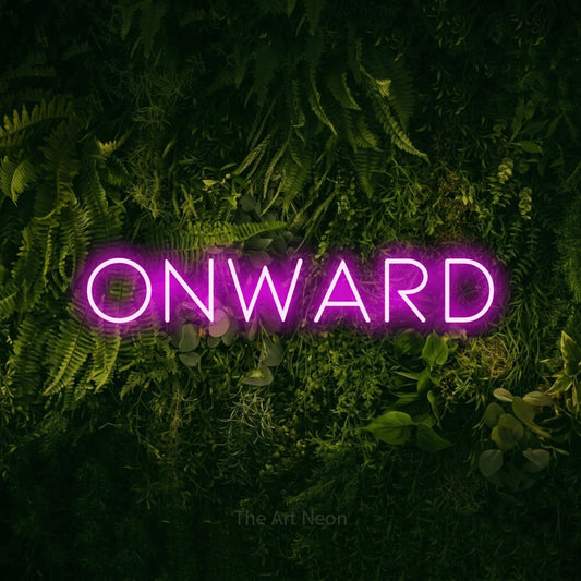 Pink LED neon sign reading "Onward" against a moss-covered green wall