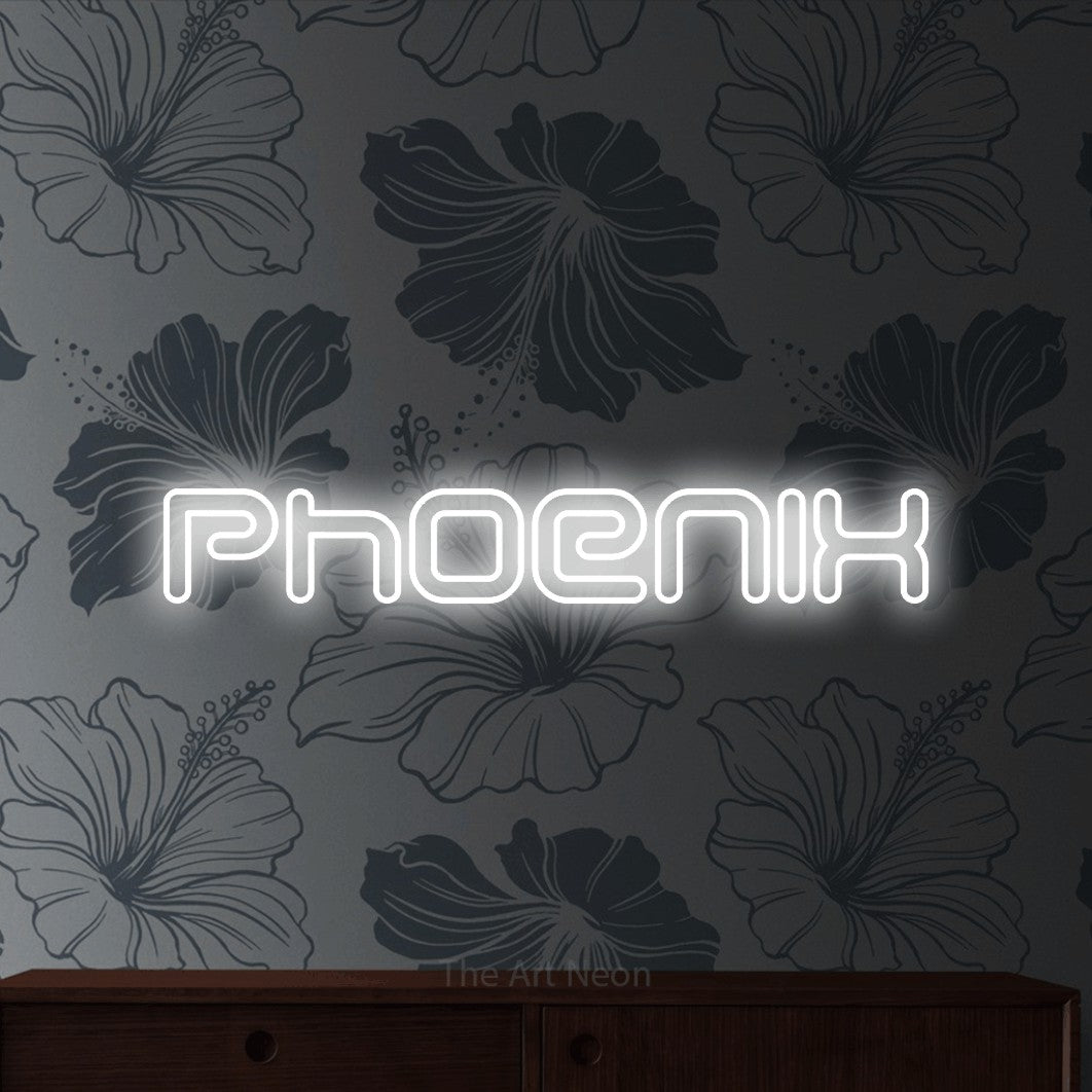 Cool white outline-style LED neon sign reading "Phoenix" against grey floral wallpaper