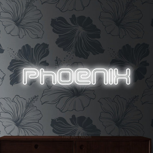 Enseigne néon à DEL à lumière blanche froide, de style contour, affichant « Phoenix » sur un papier peint floral gris
