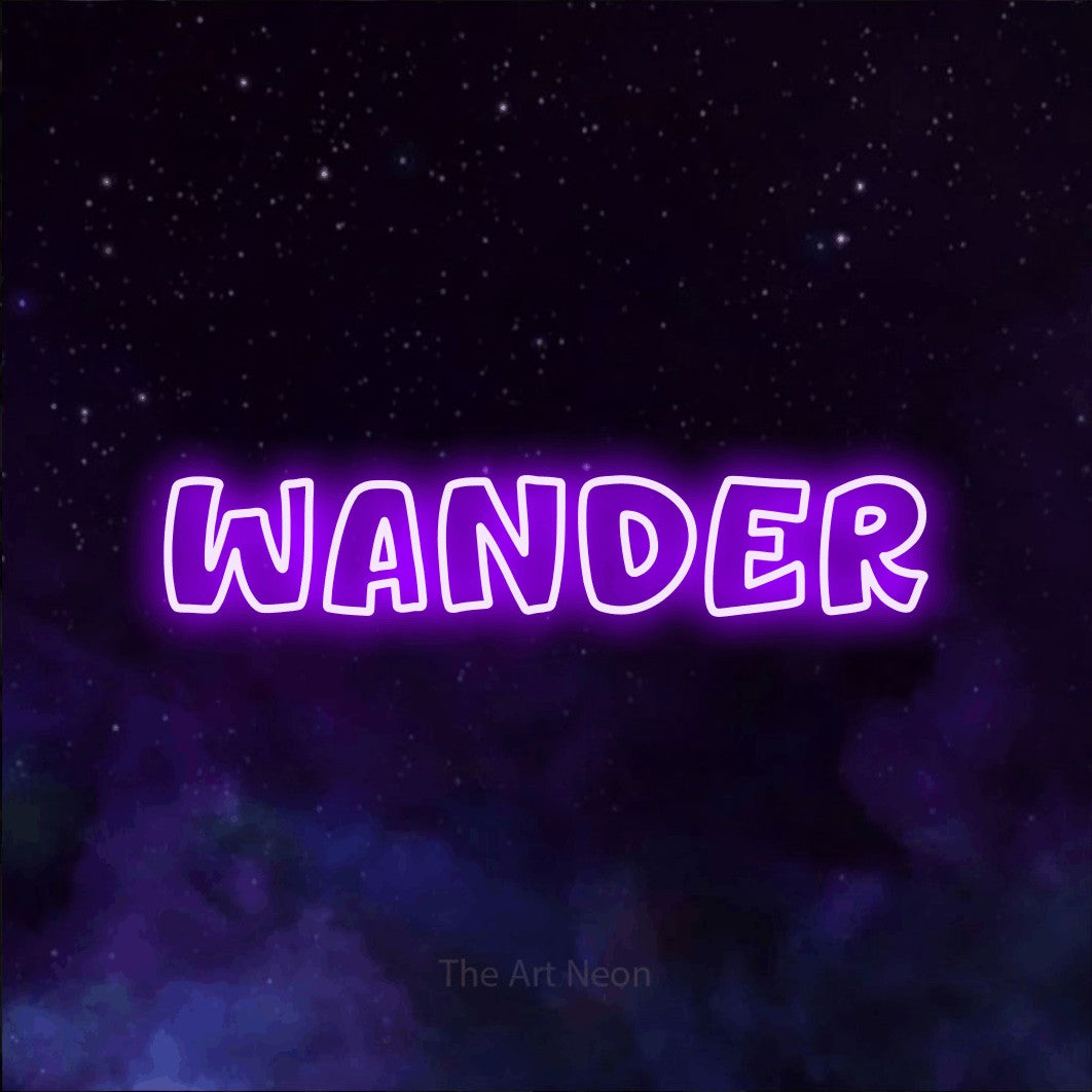 Purple outline-style LED neon sign reading "Wander" against a purple galaxy background