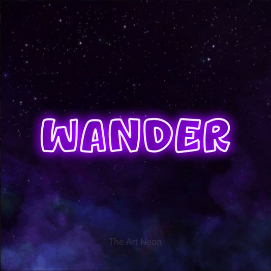 Purple outline-style LED neon sign reading "Wander" against a purple galaxy background