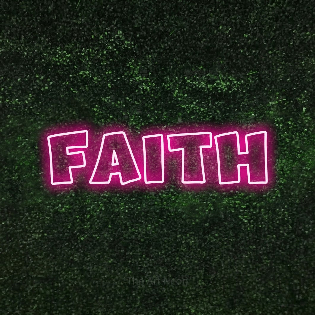 Enseigne néon à DEL à lumière rose vif, de style contour, affichant « Faith » sur un mur texturé de mousse verte