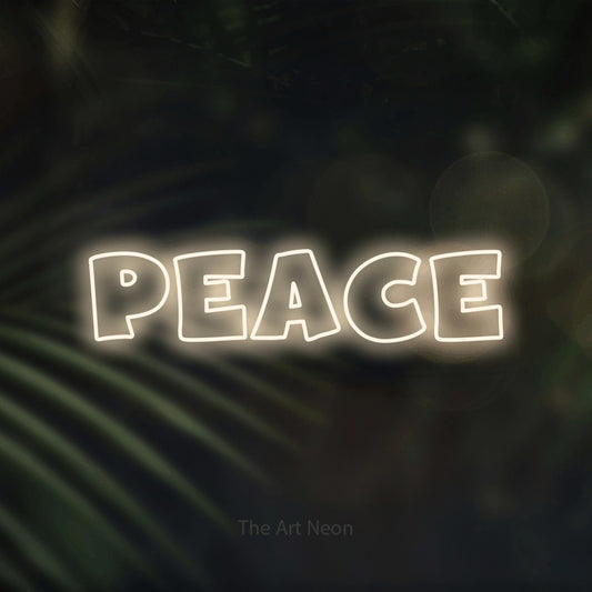 Warm white outline-style LED neon sign reading "Peace" against dark blurred palm leaves