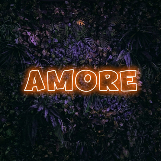 Orange outline-style LED neon sign reading "Amore" against a purple floral wall