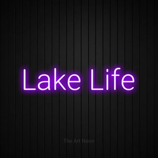 Purple LED neon sign reading "Lake Life" against a black vertical slat wall