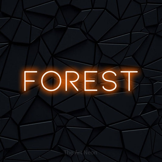 Orange LED neon sign reading "Forest" against a black faceted wall