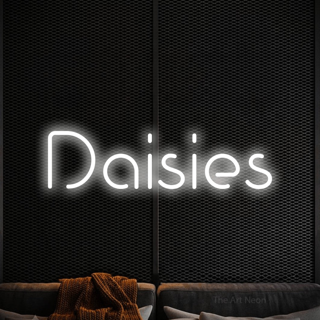 Cool white LED neon sign reading "Daisies" against a black textured wall