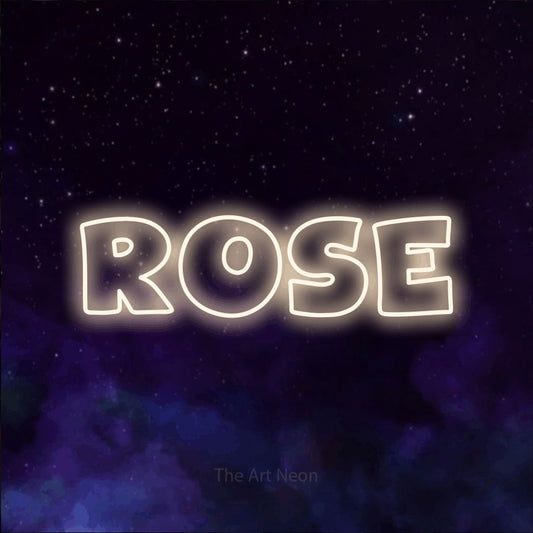 Warm white outline-style LED neon sign reading "Rose" against a purple galaxy background