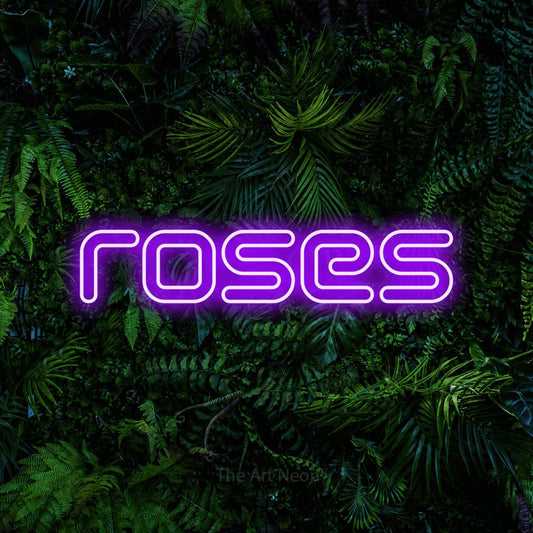 Purple outline-style LED neon sign reading "Roses" against a dense tropical foliage wall