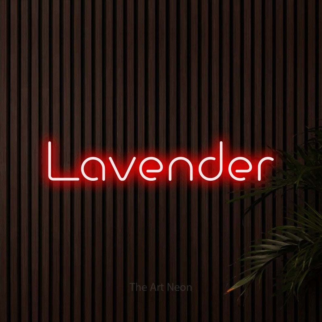 Red LED neon sign reading "Lavender" against dark wooden slats