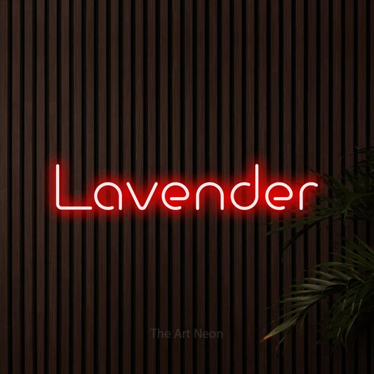 Red LED neon sign reading "Lavender" against dark wooden slats