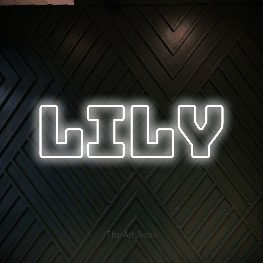 Cool white outline-style LED neon sign reading "Lily" against a dark geometric wood wall