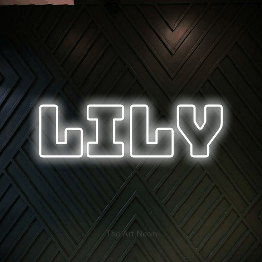 Cool white outline-style LED neon sign reading "Lily" against a dark geometric wood wall
