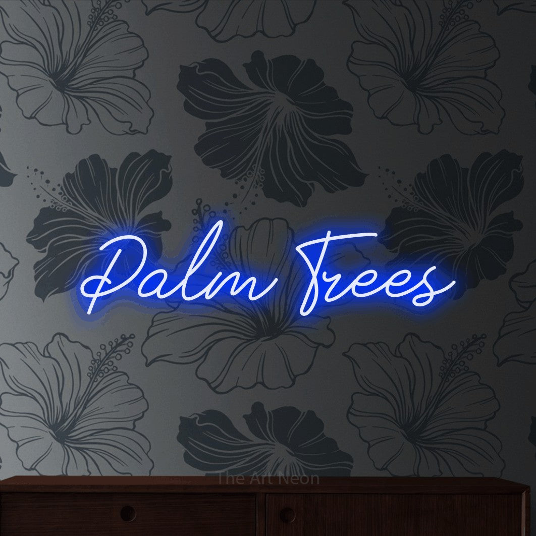 Blue script-style LED neon sign reading "Palm Trees" against grey floral wallpaper