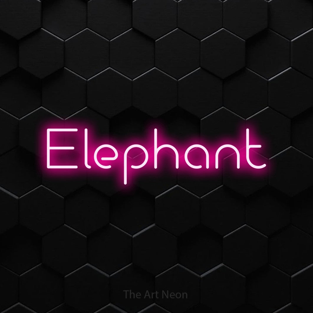 Hot pink LED neon sign reading "Elephant" against a black hexagonal wall