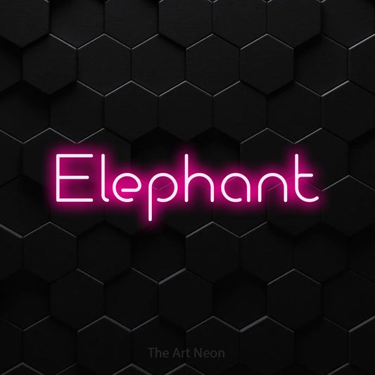Hot pink LED neon sign reading "Elephant" against a black hexagonal wall
