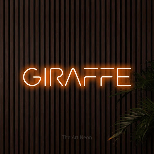 Orange LED neon sign reading "Giraffe" against dark wooden slats