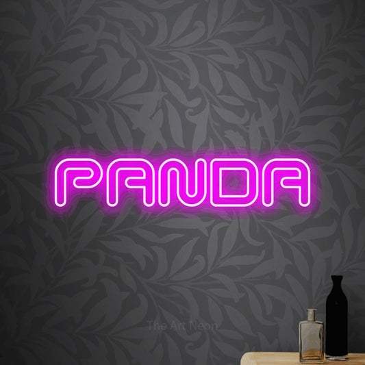Pink outline-style LED neon sign reading "Panda" against light grey floral wallpaper