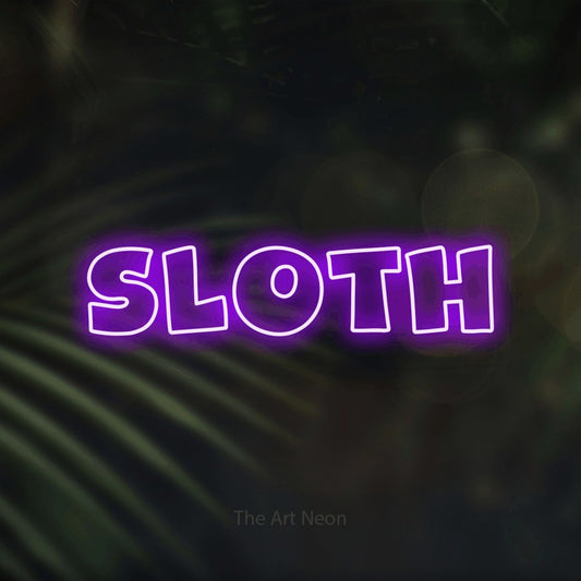 Purple outline-style LED neon sign reading "Sloth" against dark blurred palm leaves