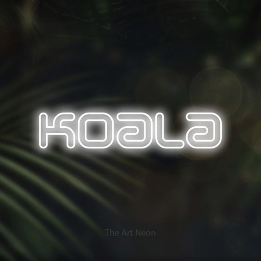 Cool white outline-style LED neon sign reading "Koala" against dark blurred palm leaves