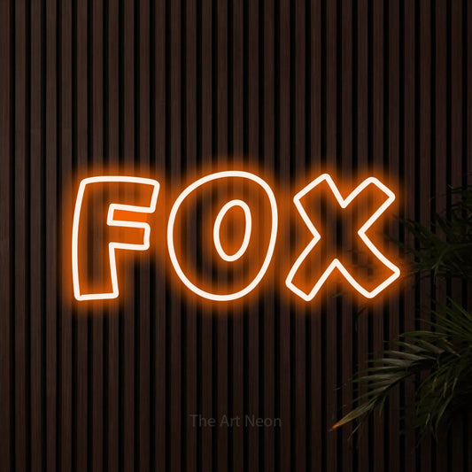 Orange outline-style LED neon sign reading "Fox" against dark wooden slats