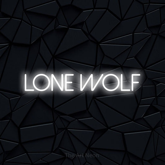 Cool white LED neon sign reading "Lone Wolf" against a black faceted wall