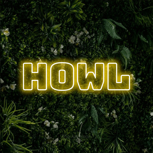 Yellow outline-style LED neon sign reading "Howl" against a leafy green wall
