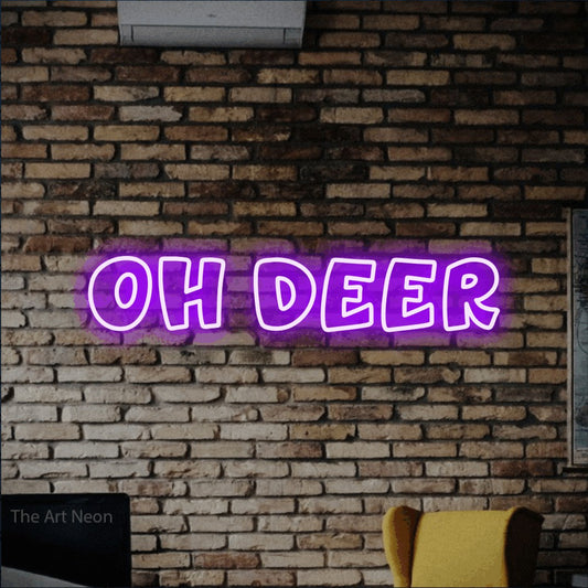 Purple outline-style LED neon sign reading "Oh Deer" against a rustic brick wall