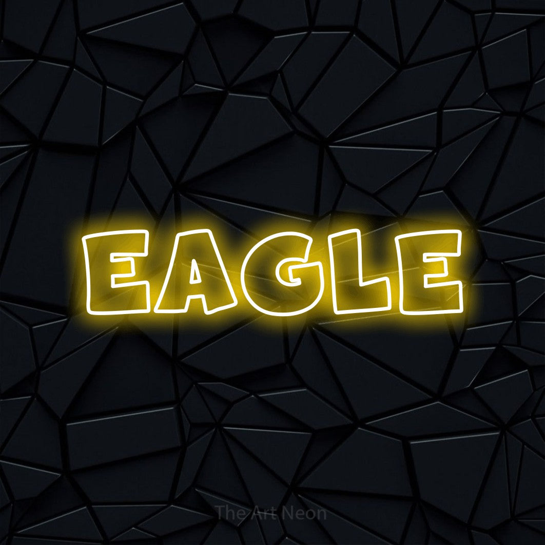 Yellow outline-style LED neon sign reading "Eagle" against a black faceted wall