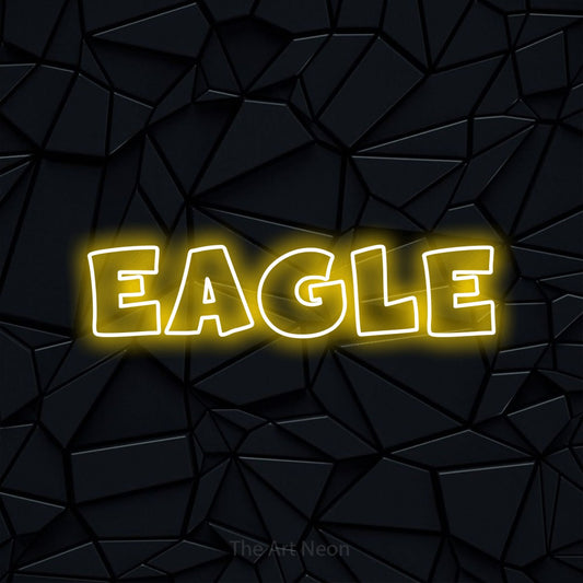 Yellow outline-style LED neon sign reading "Eagle" against a black faceted wall