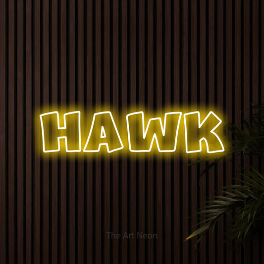 Yellow outline-style LED neon sign reading "Hawk" against dark wooden slats
