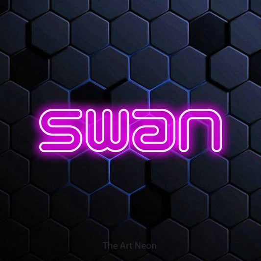 Pink outline-style LED neon sign reading "Swan" against a blue hexagonal wall