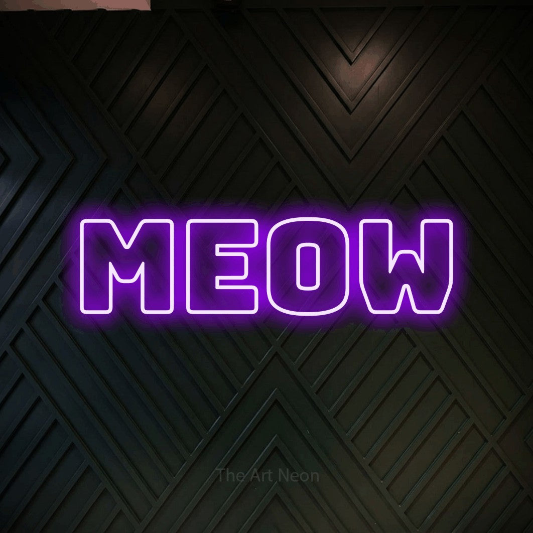 Purple outline-style LED neon sign reading "Meow" against a dark geometric wood wall