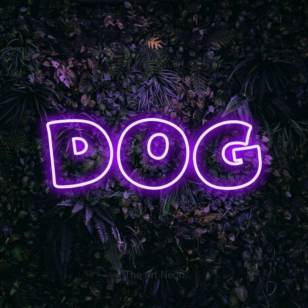 Purple outline-style LED neon sign reading "Dog" against a purple floral wall