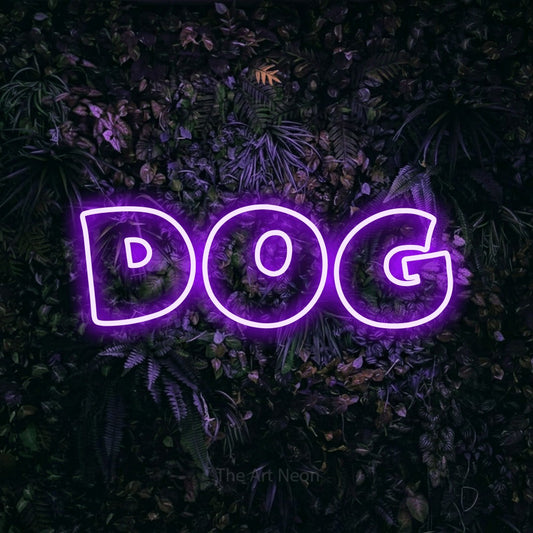Purple outline-style LED neon sign reading "Dog" against a purple floral wall