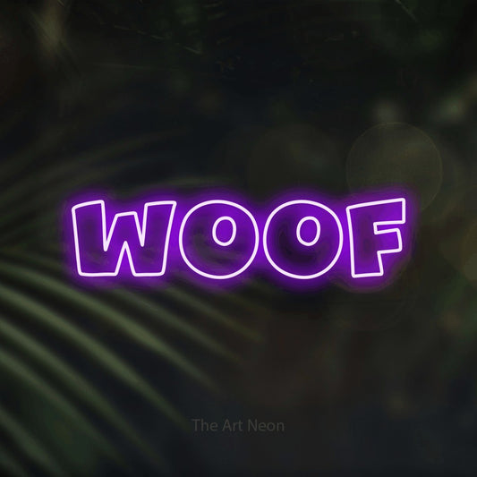 Purple outline-style LED neon sign reading "Woof" against dark blurred palm leaves