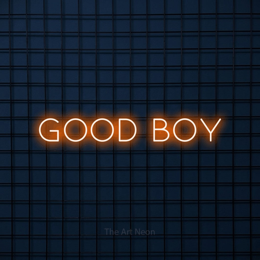 Orange LED neon sign reading "Good Boy" against a dark blue tiled wall