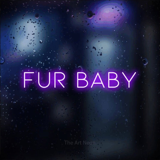 Purple LED neon sign reading "Fur Baby" against a dark blue bokeh background