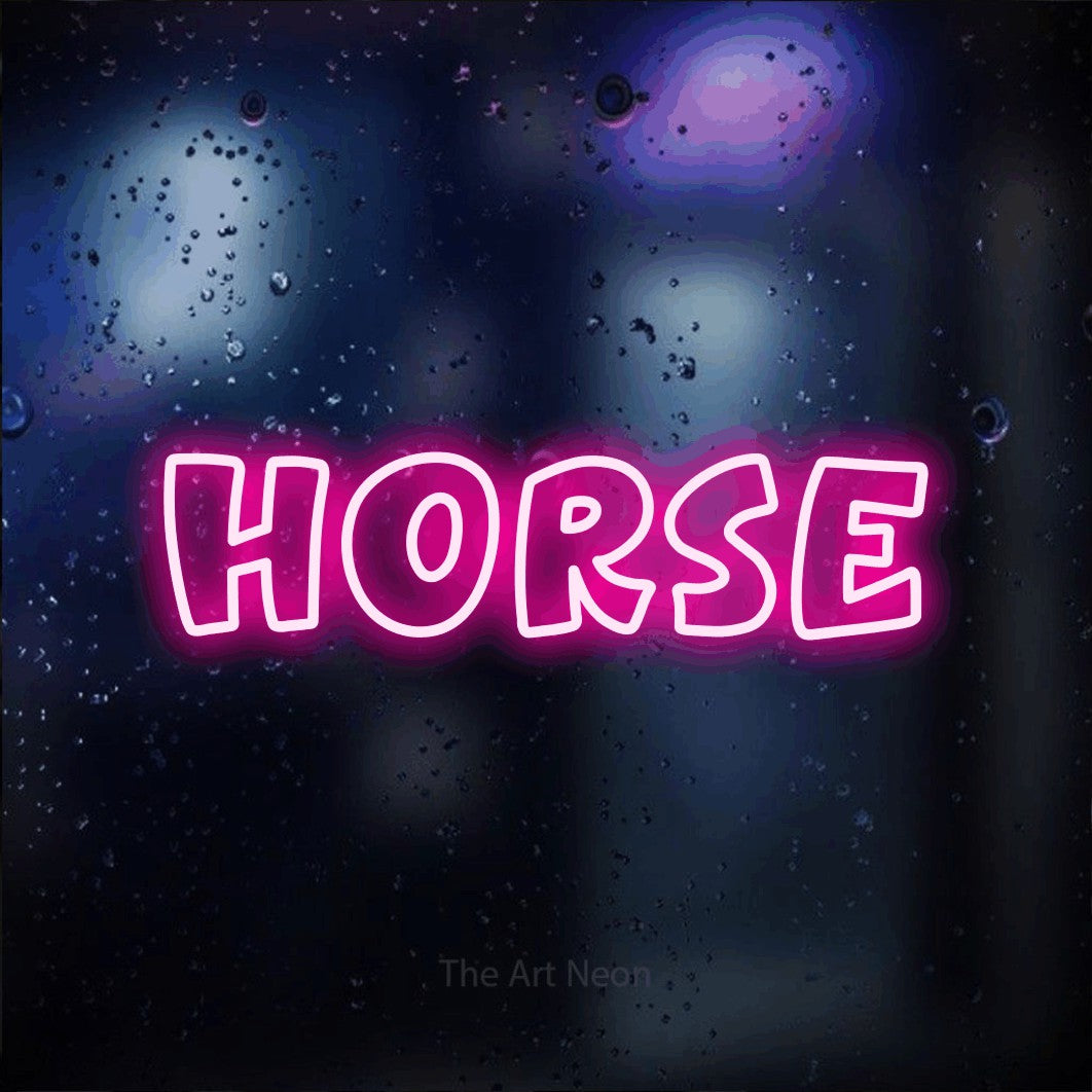 Hot pink outline-style LED neon sign reading "Horse" against a dark blue bokeh background