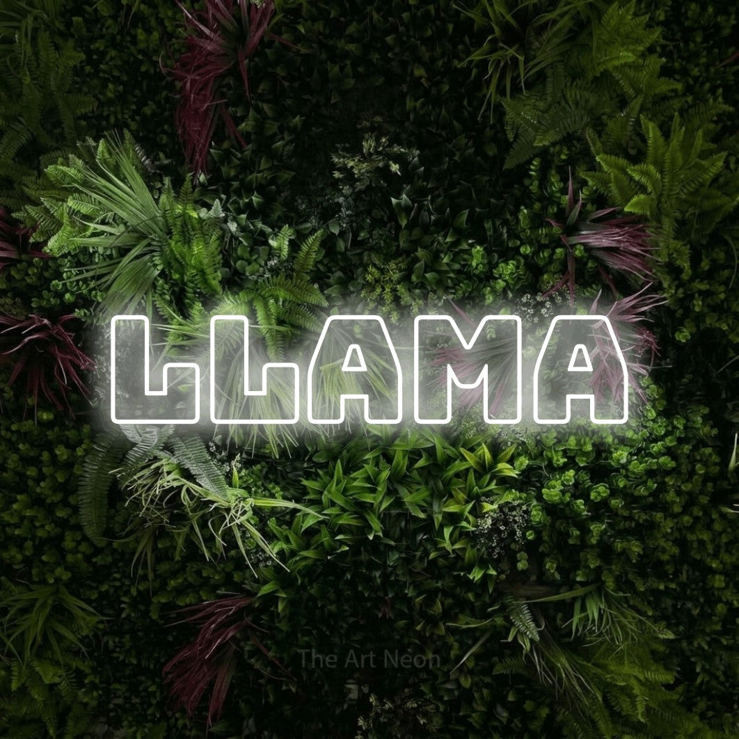 Cool white outline-style LED neon sign reading "Llama" against a lush garden wall with pink flowers