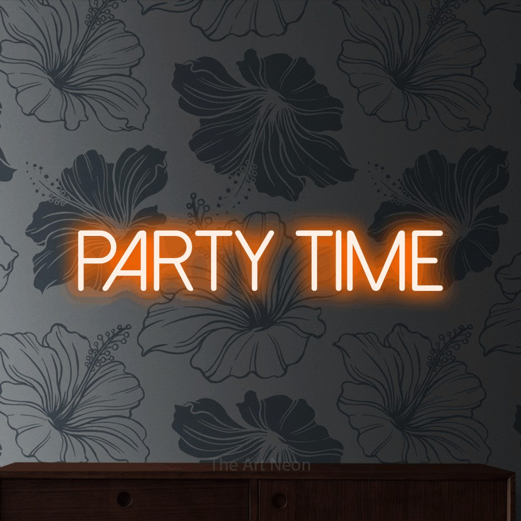 Orange LED neon sign reading "Party Time" against grey floral wallpaper for party décor