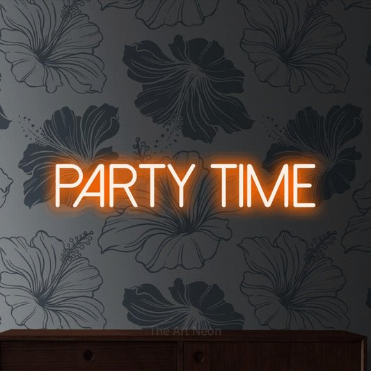 Orange LED neon sign reading "Party Time" against grey floral wallpaper for party décor