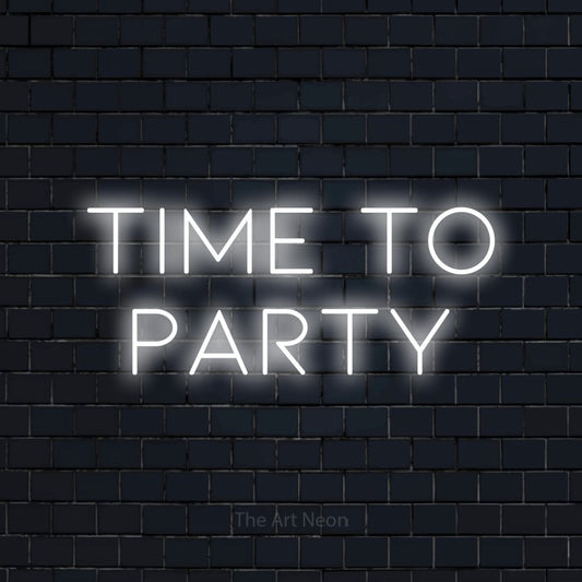 Cool white LED neon sign reading "Time to Party" against a dark navy brick wall for party décor