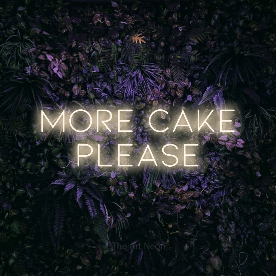Enseigne néon à DEL à lumière blanche chaude, affichant « More Cake Please » sur un mur floral violet, pour décorer une fête